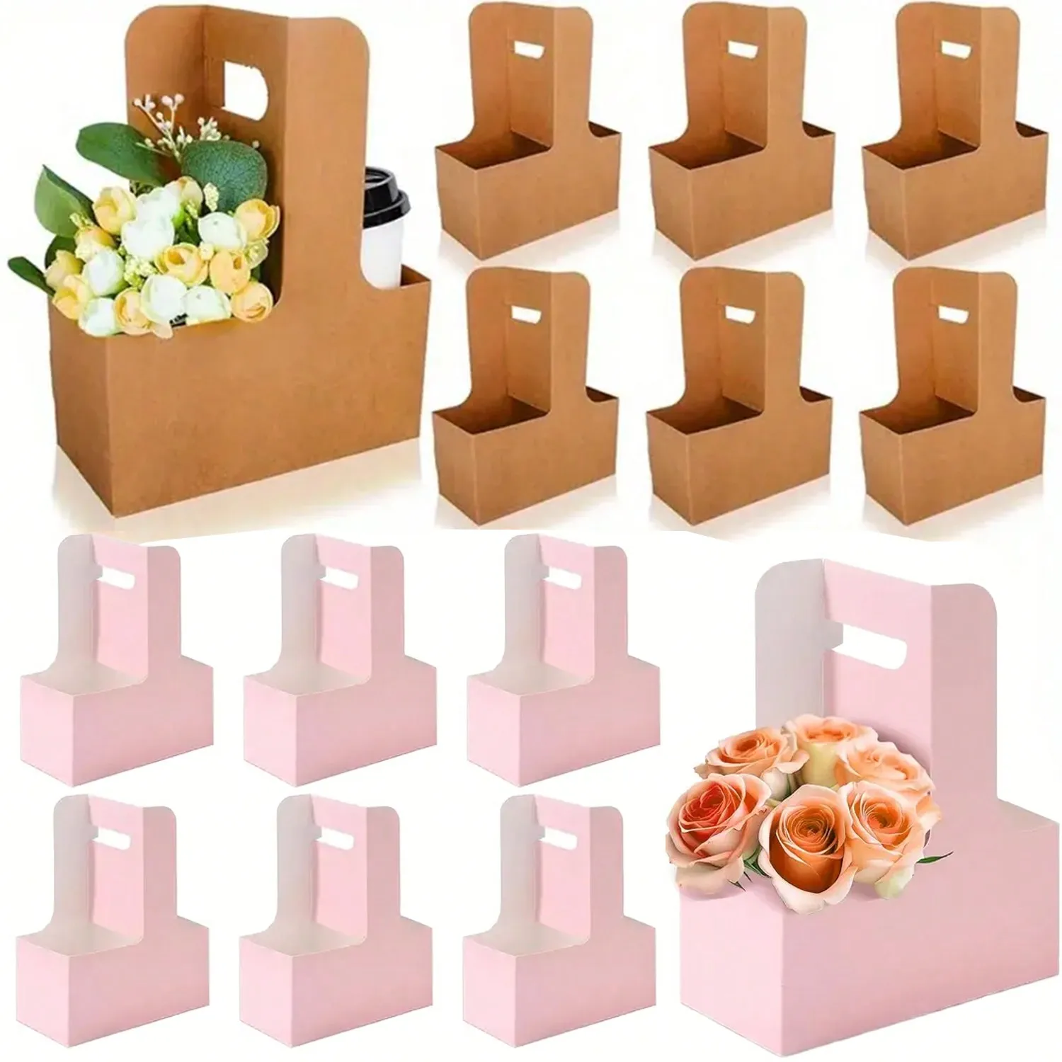 Flower Wrap Kraft - クラフト紙フラワーブーケギフトバッグ紙素材、ハンドルドリンクキャリア花ラップ梱包箱ペーパーホルダーバスケット
